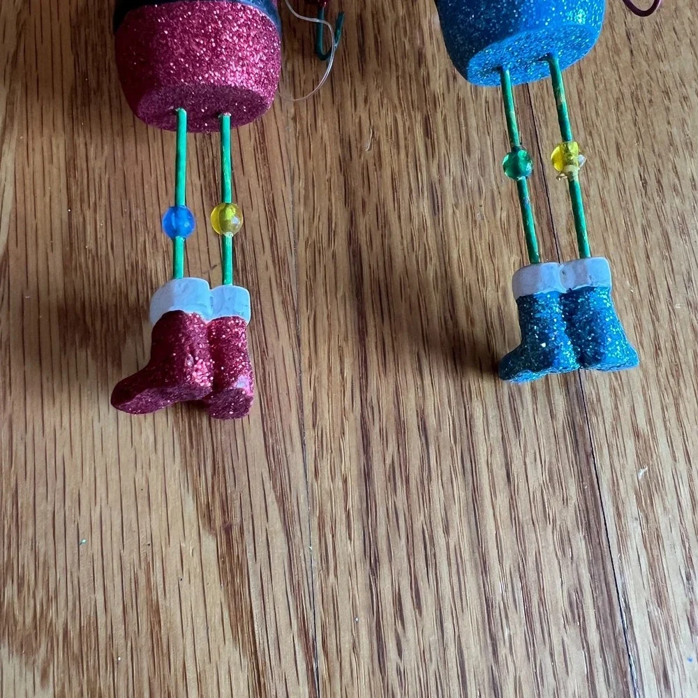 Lot of 2 Dept 56 Glitter Santa‎ Ornaments Retro Beaded Legs Christmas Holiday